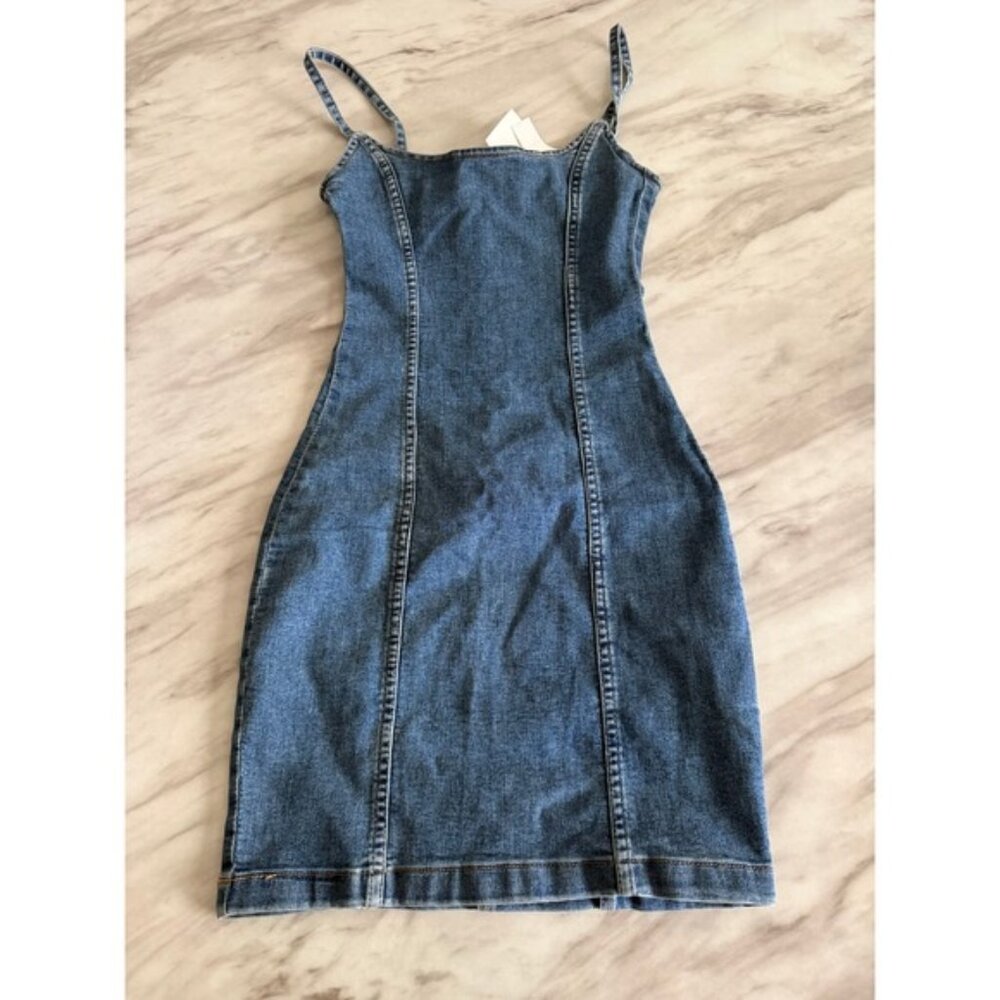 H&M Divided Blue Denim Mini Dress Sleeveless Bodycon Zipper Back Size 0 NEW
